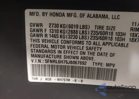 2018 Honda Odyssey Ex-L from USA, damaged, VIN 5FNRL6H76JB067692
